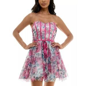 Pear Culture Pink Floral Strapless Sweetheart Neck Corset Dress Juniors 5/6